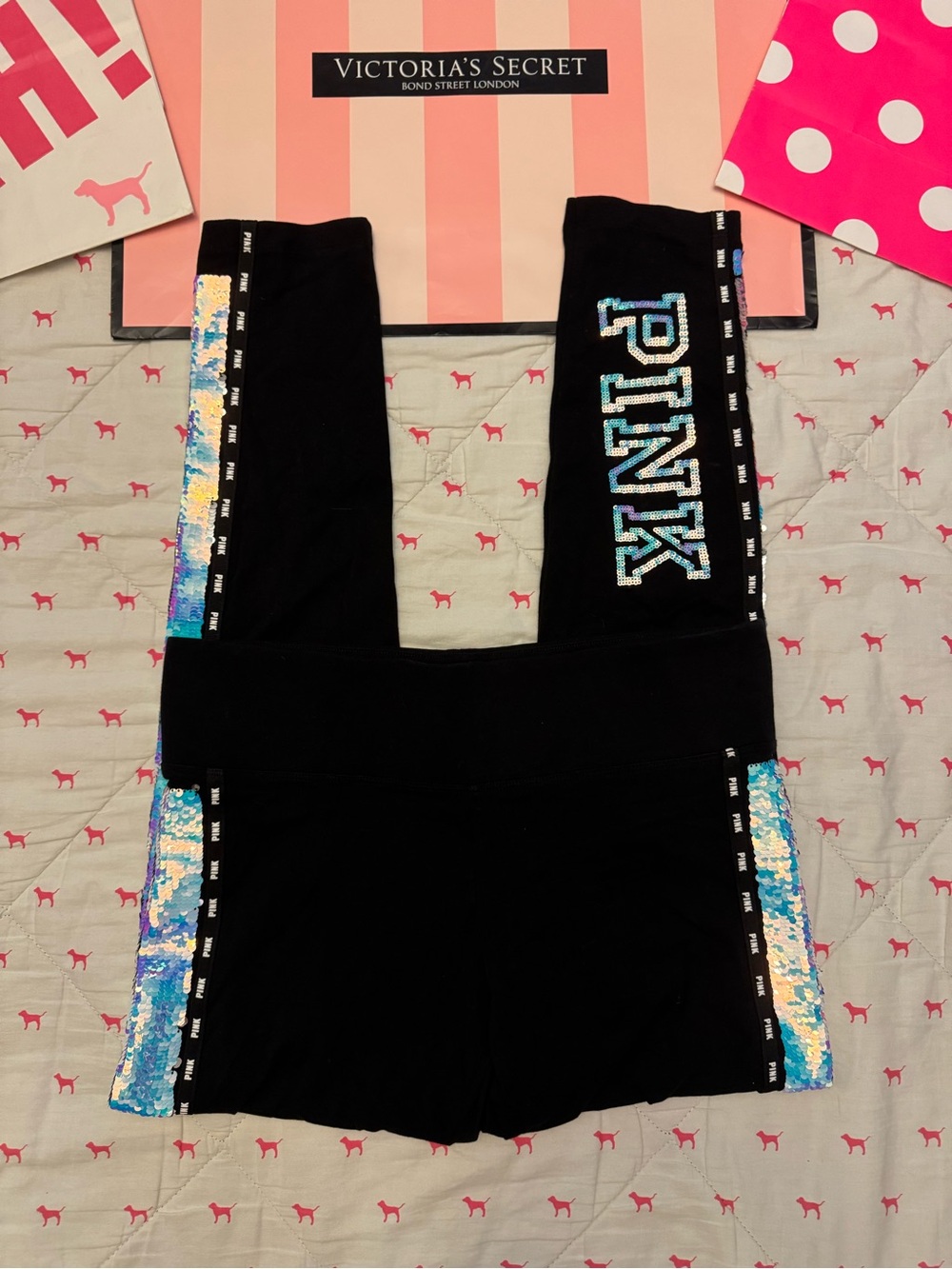 VICTORIA’S SECRET VS PINK YOGA LEGGINGS MERMAID HOLO FLIP MEGA BLING HTF NWOT L